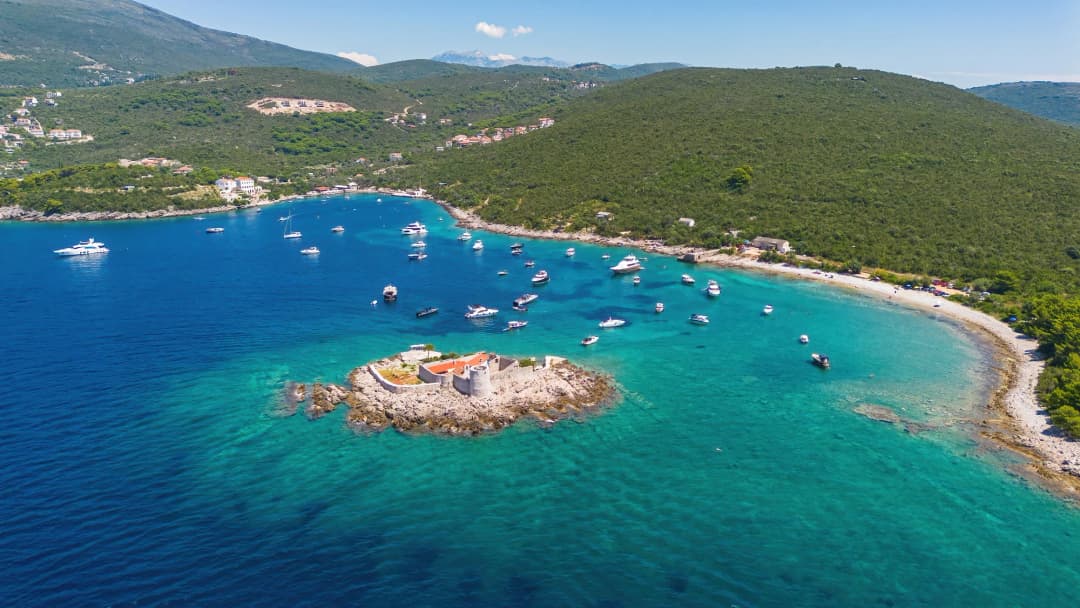 Žanjice beach and small boats along the Luštica coast