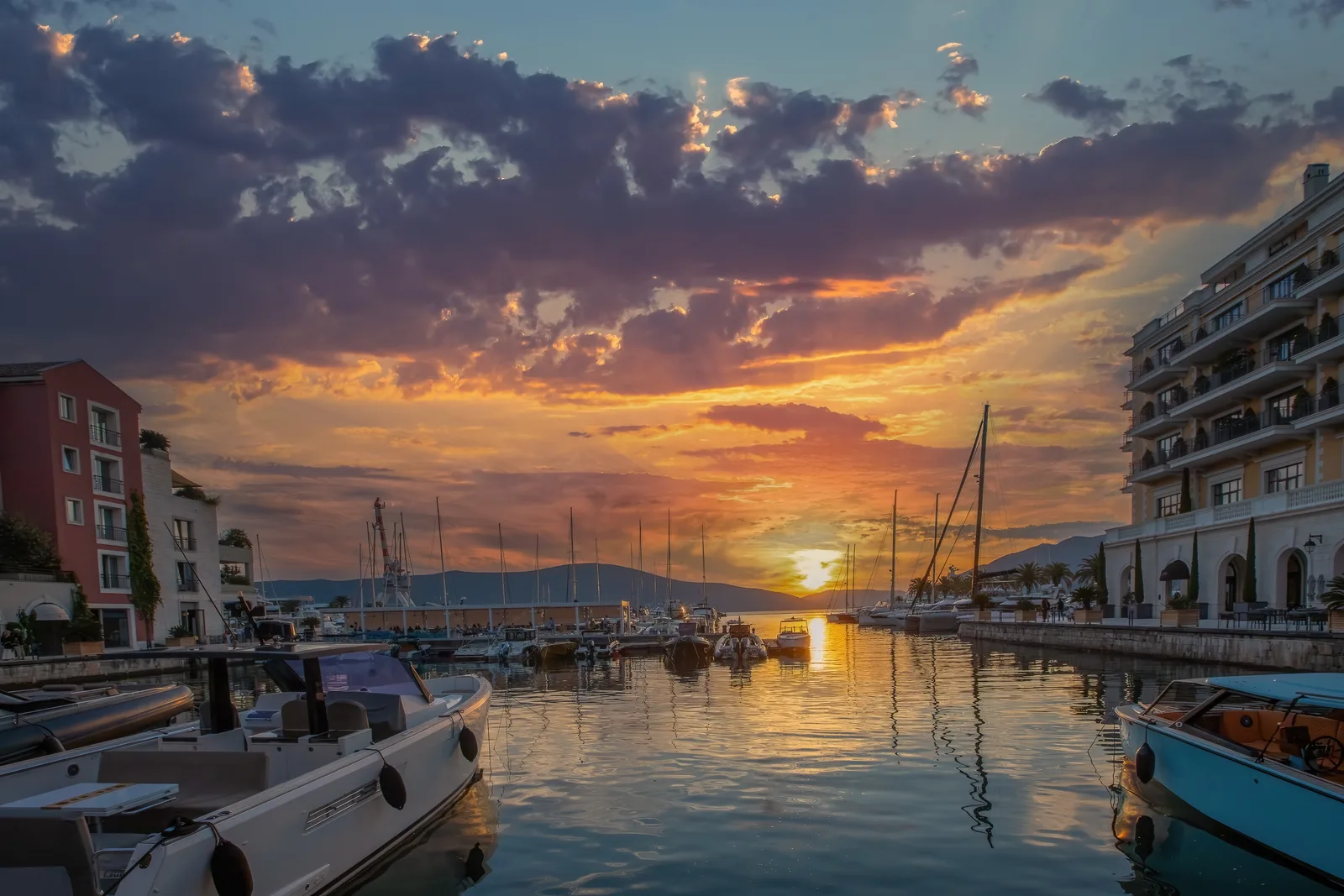 Tivat Bay and Porto Montenegro waterfront at sunset
