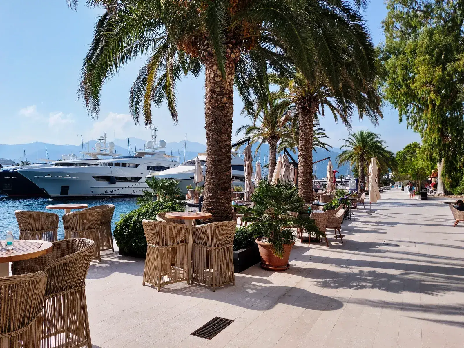 Waterfront promenade and marina buildings in Porto Montenegro