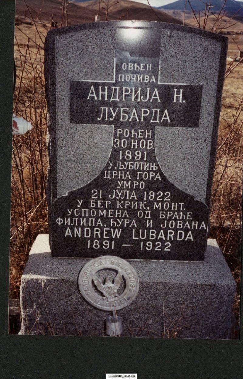 Bilingual gravestone of Andrija Andrew Lubarda at Bearcreek Cemetery