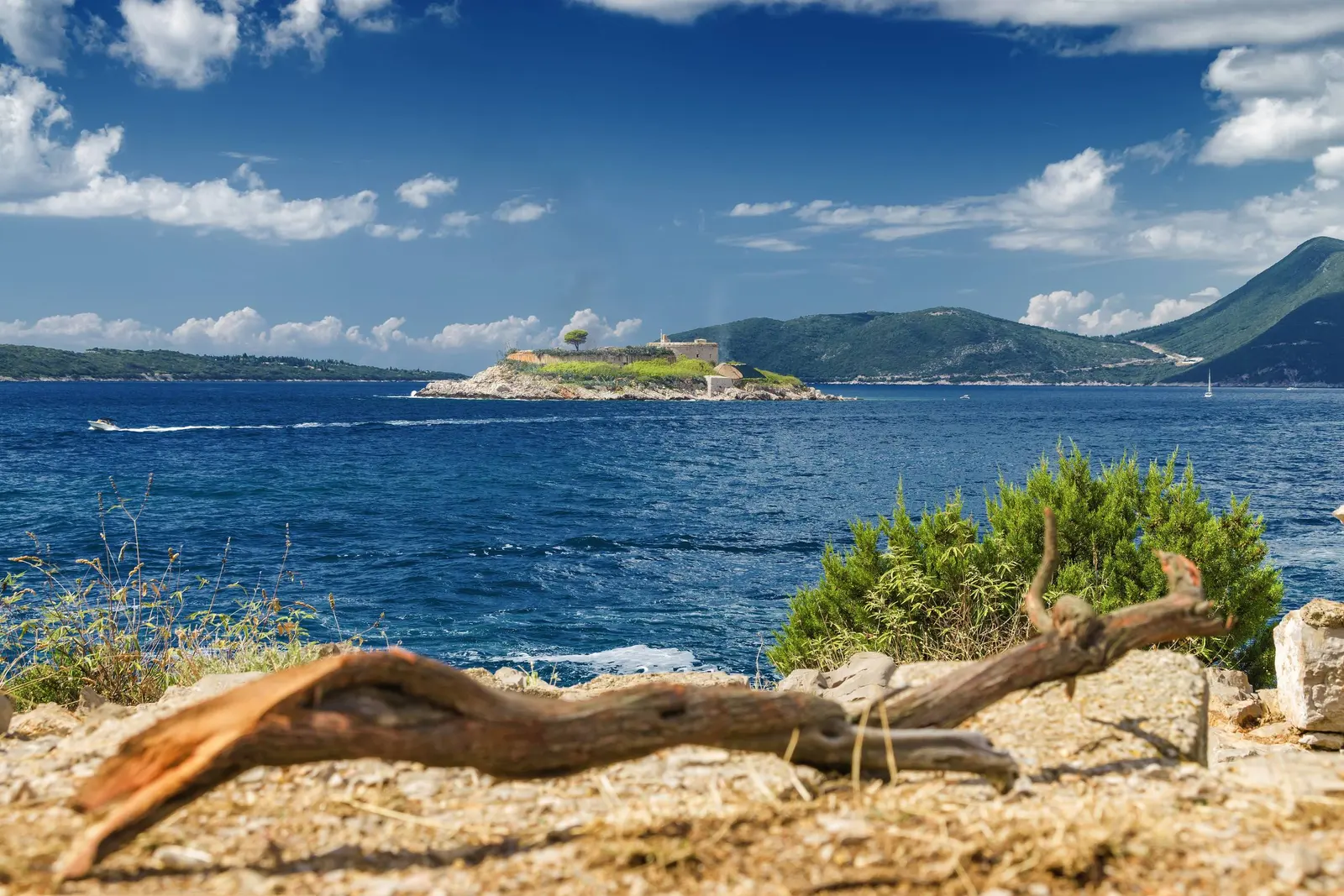 Small fortified island seen across open water from the Luštica shore