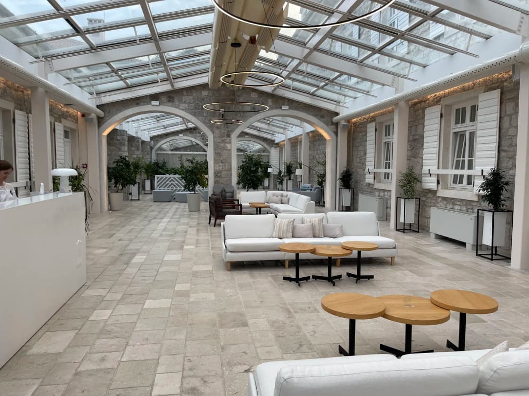 Glass-roofed courtyard of the restored Lazaret quarantine complex in Meljine
